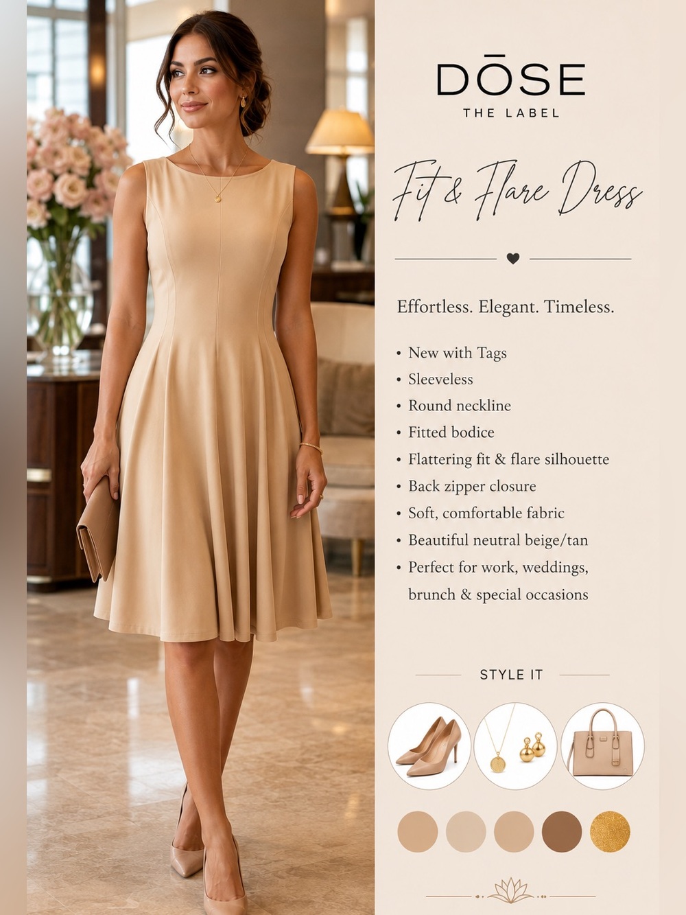 DOSE The Label Fit & Flare Dress – New With Tags- beige medium women’s